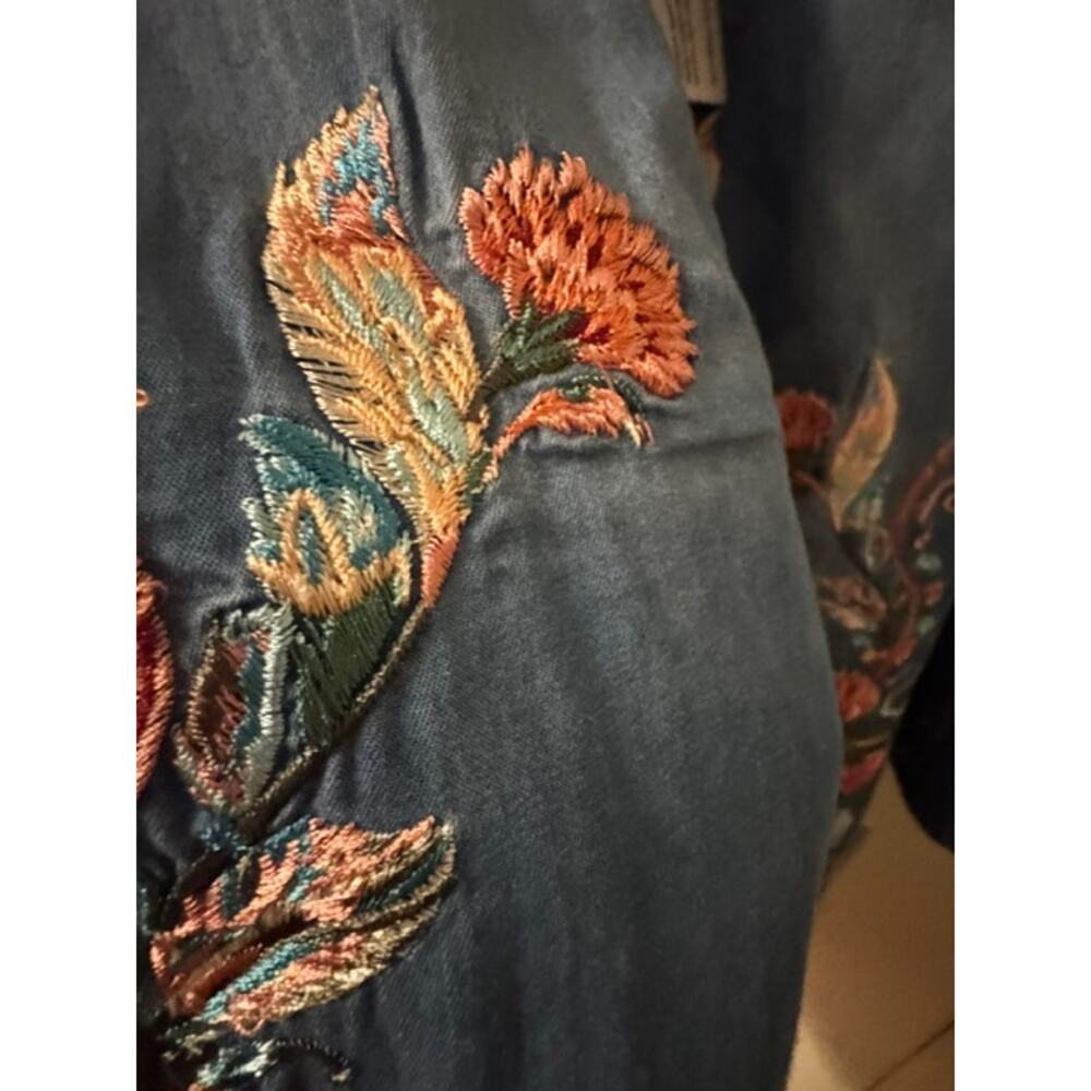 Grace in LA Light Blue Embroidered Denim Long Sleeve Shirt Dress M - Picture 6 of 11